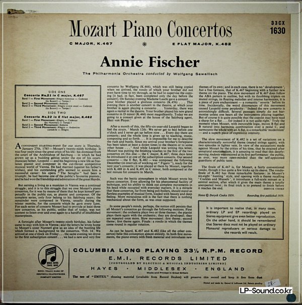 MOZART PIANO CONCERTOS ANNIE FISCHER SAWALLISCH 33CX 1630