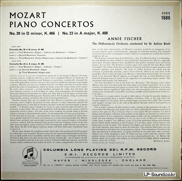 MOZART PIANO CONCERTOS 20 & 23 ANNIE FISCHER  B/G 33CX 1686