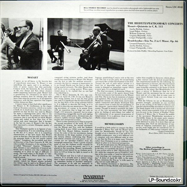 MOZART/MENDELSSOHN   HEIFETZ/ PIATIGORSKY TRIOS  RCA LSC-3048