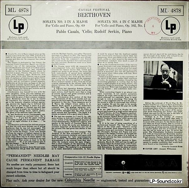 BEETHOVEN CELLO PIANO SONATASCASALS SERKIN  ML 4878 (NO OPEN)