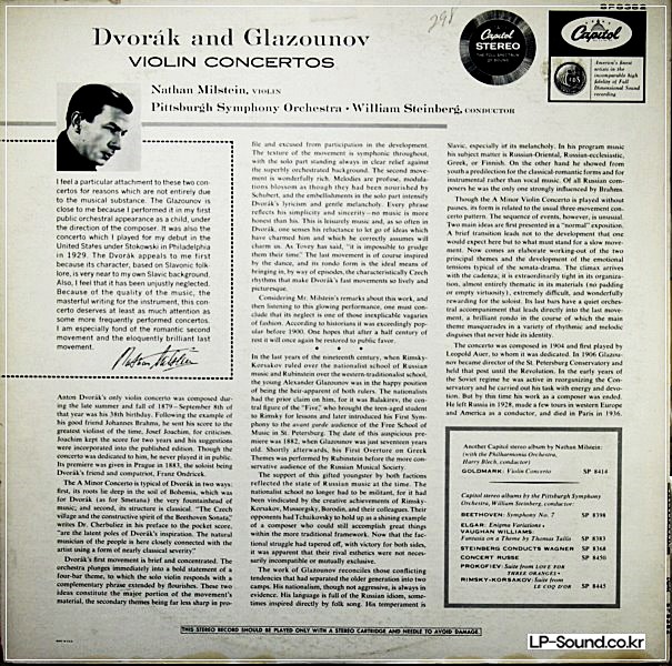 DVORAK GLAZOUNOV VIOLINNATHAN MILSTEIN CAPITOL STEREO  SP 8382