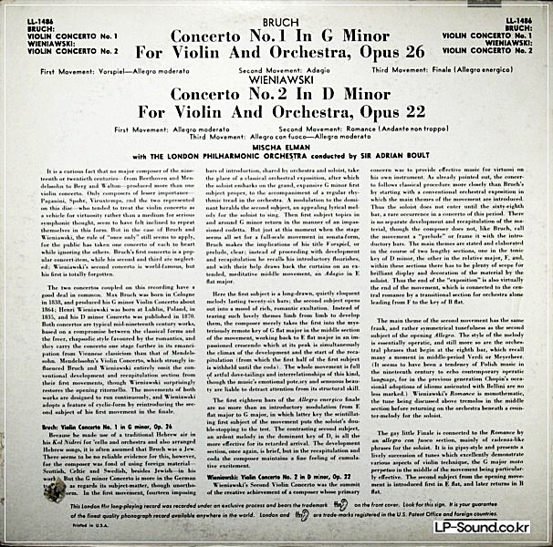 MISCHA ELMAN VIOLIN BRUCH WIENIAWSKI CONCERTOS UK LONDON LL 1486
