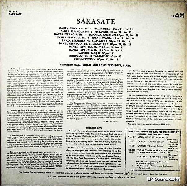 RUGGIERO RICCI - SARASATE -DANZAS ESPANOLAS - LONDON RECORDS FFRR - LL 962