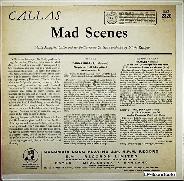 MARIA CALLAS MAD SCENES T/S B/S TURQUOISE SILVER COLUMBIA STEREO SAX 2320