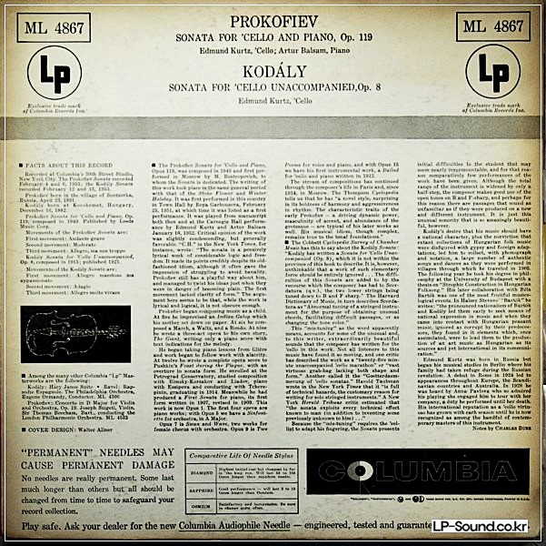 PROKOFIEV & KODALY SONATA FOR CELLO & PIANO EDMUND KURTZ & BALSAM  ML 4867