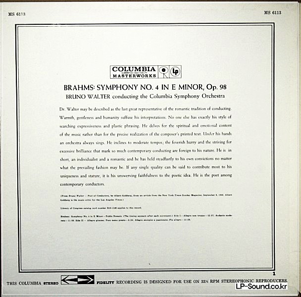 BRUNO WALTER BRAHMS SYM NO 4COLUMBIA MS 6113