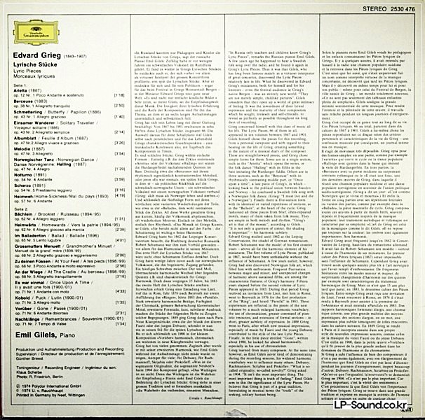 EMILE GILELS - FROM THE LYRIC PIECES // EDWARD GRIEG DG 2530 476