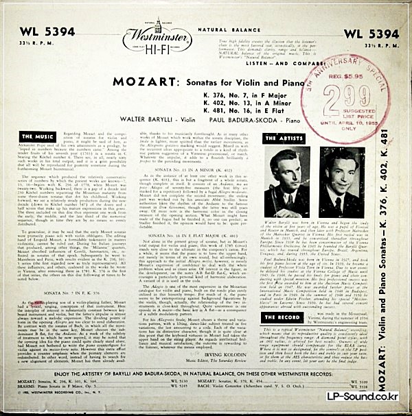 MOZART SONATAS FOR VIOLIN & PIANO WALTER BARYLLI WESTMINSTER WL 5394 ED1