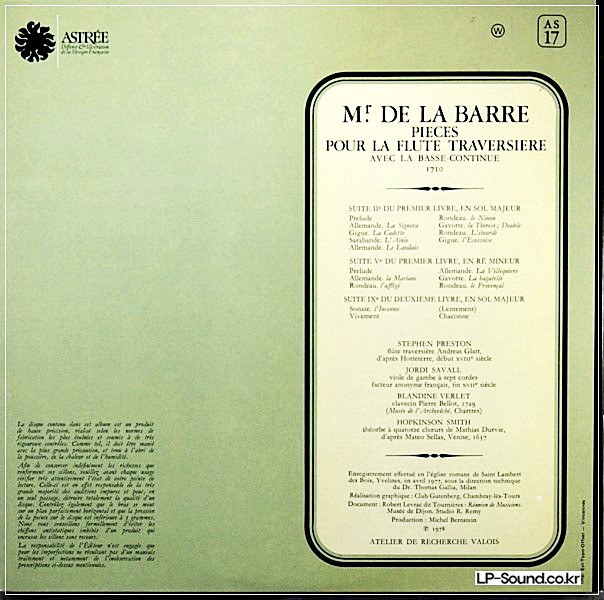 DE LA BARRE PIECES FLUTE PRESTON SAVALL VERLET SMITH ASTREE AS 17