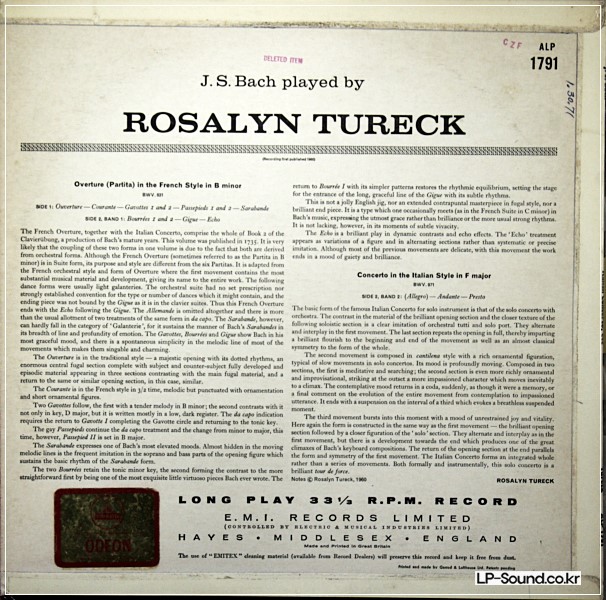 MUSIC BY J. S. BACH - ROSALYN TURECK ALP 1791 ODEON