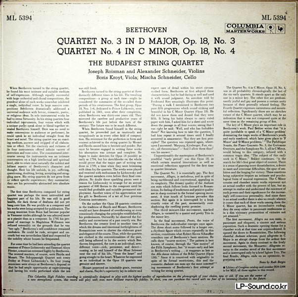 BEETHOVEN NM BUDAPEST QUARTET NO 3 & 4 ROISMAN SCHNEIDER KROYT ML-5394