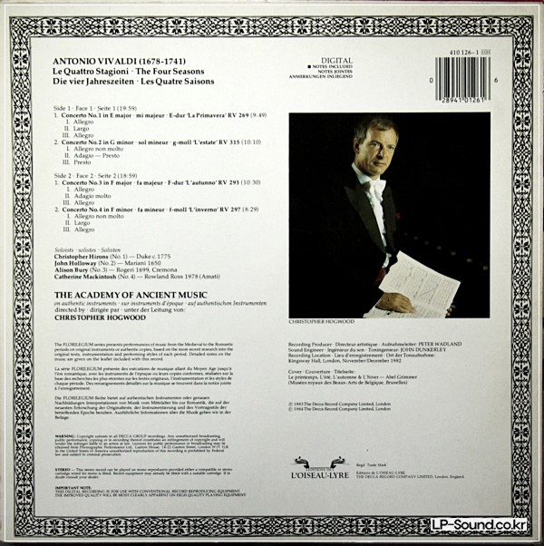 VIVALDI THE ACADEMY OF ANCIENT MUSIC, CHRISTOPHER HOGWOOD, ALISON BURY 4 SEASONS