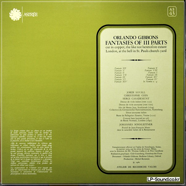 GIBBONS FANTAISIES ROYALES JORDI SAVALL    ASTREE AS 43