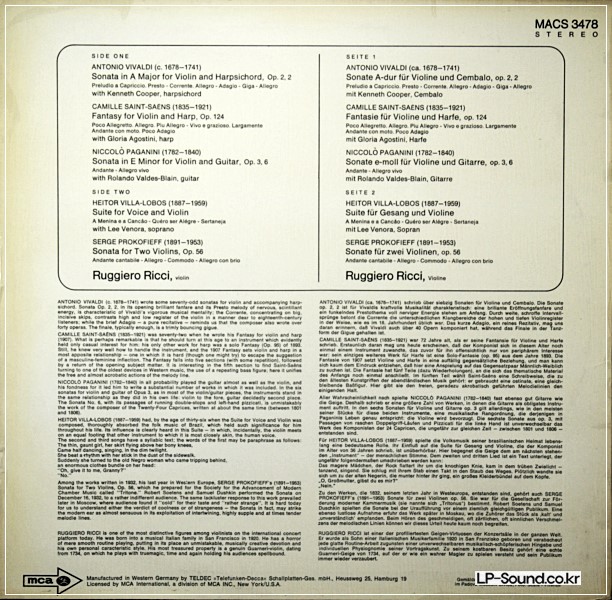 RUGGIERO RICCI VIOLIN PAGANINI SAINT-SAENS PROKOFIEV 1ST PRESS MCA