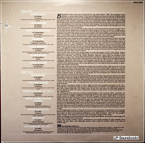 BENIZAMINO GIGLI POPULAR SONGS & ENCORRS OXLP 7674