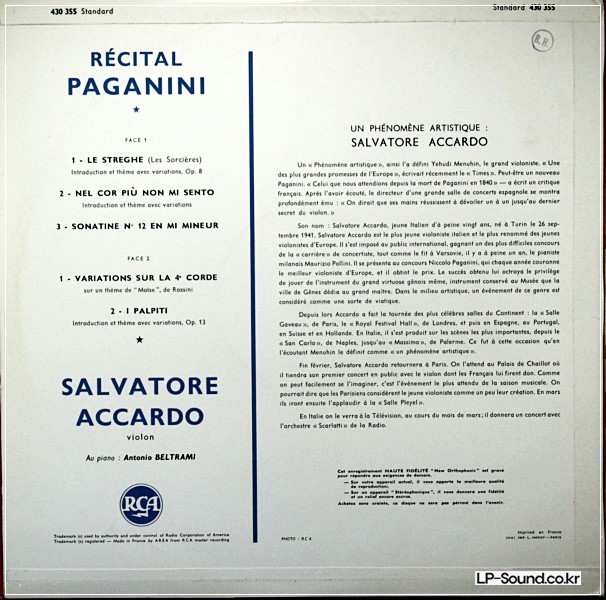 SALVATORE ACCARDO RECITAL  PAGANINI VARIATION, SONATINE RCA 430.355