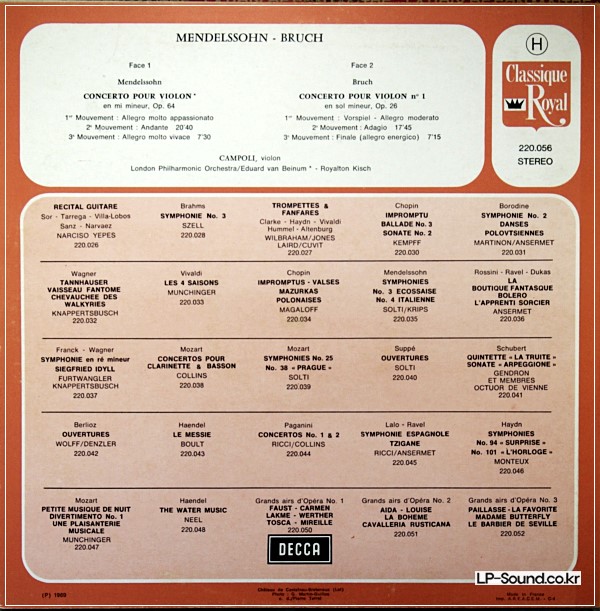 MENDELSSOHN  /BRUCH  VIOLIN CONCERTO CAMPOLI  DECCA 220 056