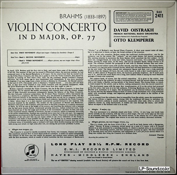 BRAHMS VIOLIN CONCERTO OISTRAKH KLEMPERER UK COLUMBIA SAX 2411 2ND