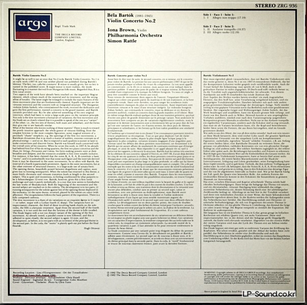 BARTOK VIOLIN CONCERTO NO. 2 IONA BROWN SIMON RATTLE  ARGO ZRG 936
