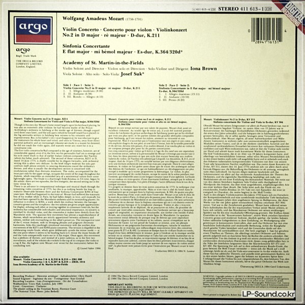 MOZART VIOLIN CONCERTO 3/4 IONA BROWN DECCA 6.42407
