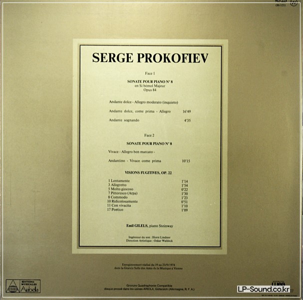 PROKOFIEFF PIANO SONATA #8 & VISIONS FUGITIVES EMIL GILELS - EURODISC QUAD ST