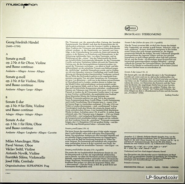 HANDEL TRIO SONATA 1.2.3.4 VOL 1.2  MITGLIEDES MUSICAPHON BM30 SL4110/4111 2LP
