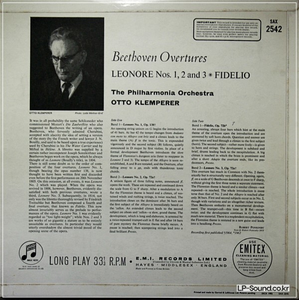 BEETHOVEN OTTO KLEMPERER  OVERTURE ORIG SAX 2542