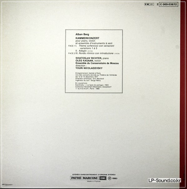 ALBAN BERG KAMMERKONZERT RICHTER / KAGAAN  EMI 3C 063-03 672