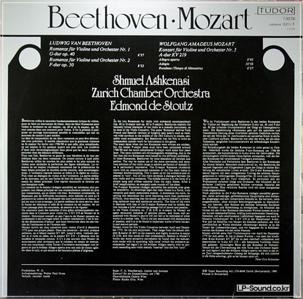BEETHOVEN VIOLIN ROMANCES 1 & 2 MOZART VIOLIN CONCERTO K.219 ASHKENASI SWIS