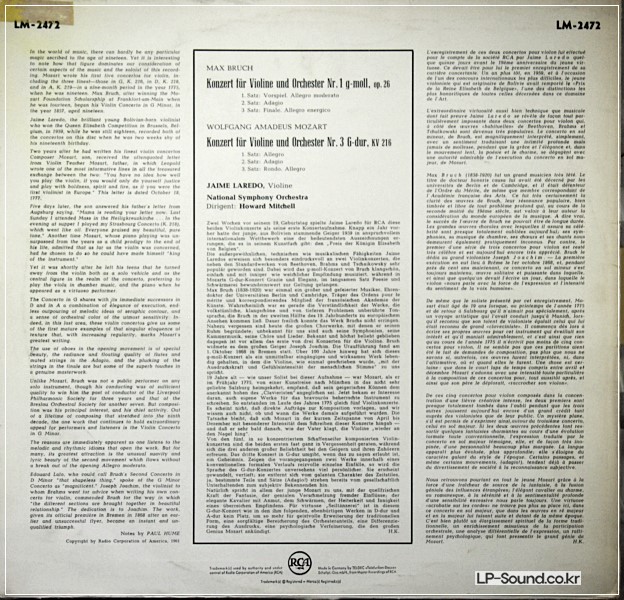 MOZART BRUCH VIOLIN CONCERTOS JAIME LAREDO RCA LM-2472 MONO
