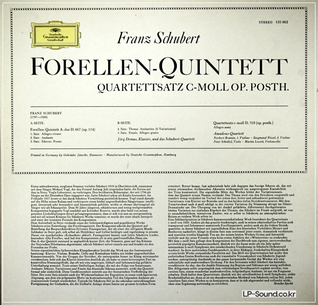 SCHUBERT -TROUT QUINTET/ QUARTETTSATZ C MINOR OP.POSTH,DEMUS. DG 135 062