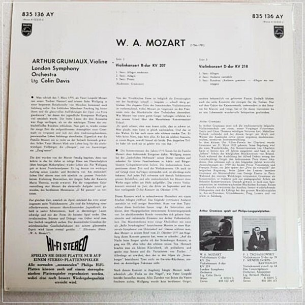 MOZART - VIOLIN CONCERTO 216 / 219 GRUMIAUX PHILIPS HIFI STREO 835 112 AY