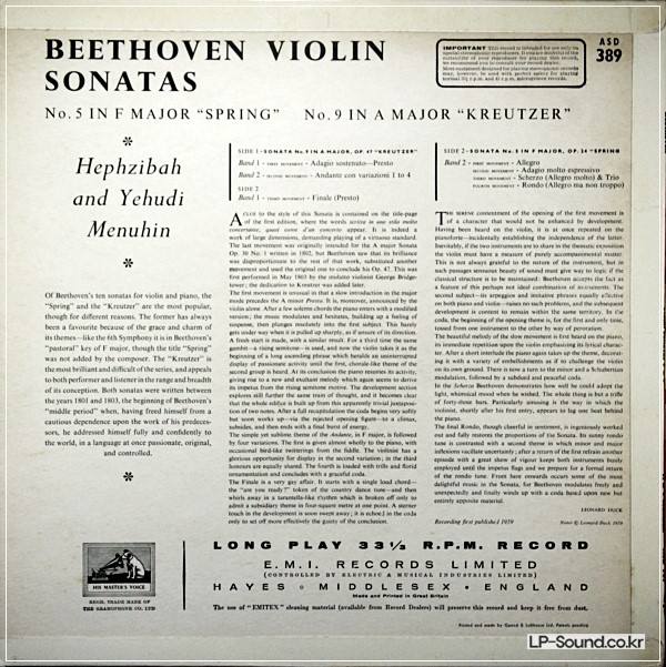 BEETHOVEN - VIOLIN SONATAS *HEPHZIBAH / YEHUDI MENUHIN ASD 389