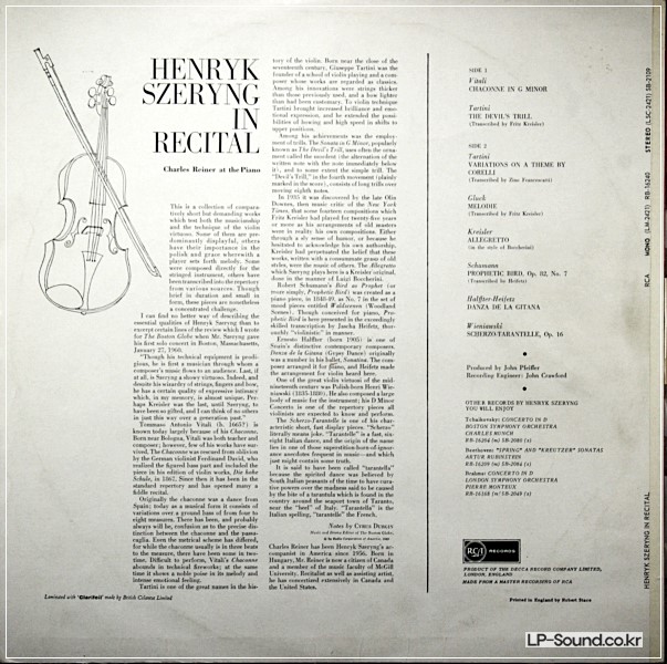 HENRYK SZERYNG* IN RECITAL *DEVIL'S TRILL* VITALI CHACONNE RCA RB 16240