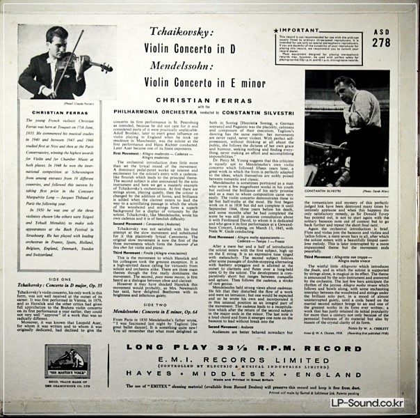 TCHAIKOVSKY /MENDELSSOHN VIOLIN /SILVESTRI  FERRAS   ASD 278