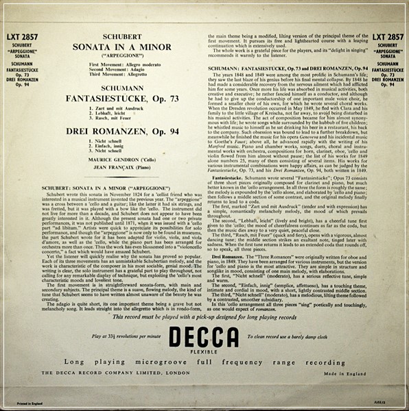 MAURICE GENDRON CELLO SCHUBERT SCHUMANN  LXT 2857