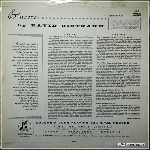 DAVID OISTRAKH PLAYS ENCORES YAMPOLSKY SAX 2253  ( NOT FOR SALE )