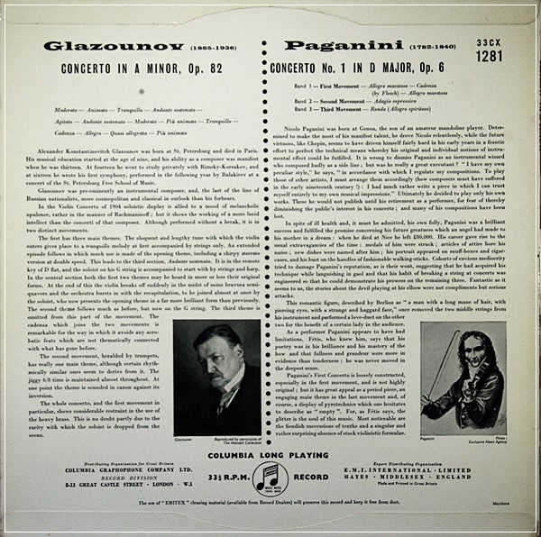 MICHAEL RABIN - GLAZUNOV & PAGANINI LP COLUMBIA B/G 33CX 1281 UK ED1
