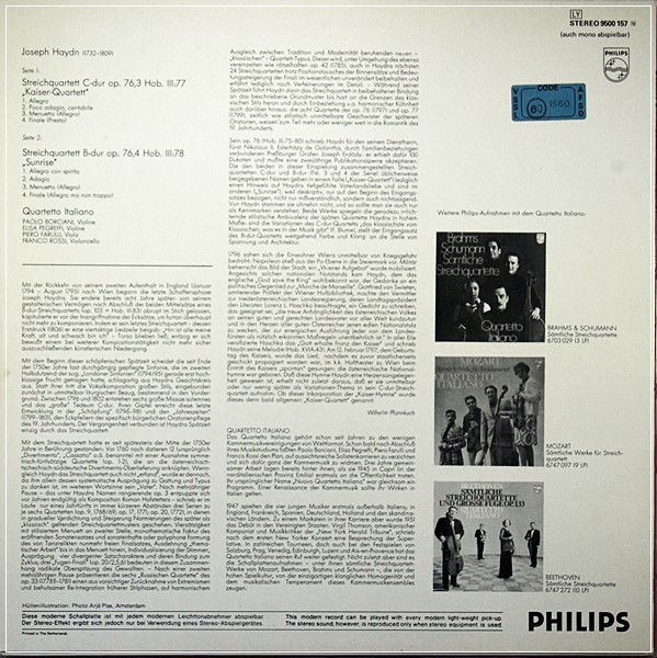 HAYDN STRING QUARTETS OP. 76 NO. 3 PHILIPS 9500 157