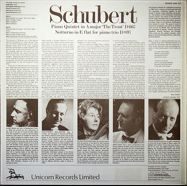 SCHUBERT TROUT QUINTET NOTTURNO TRIO MUSIC GROUP OF LONDON UNICORN  RHS 311