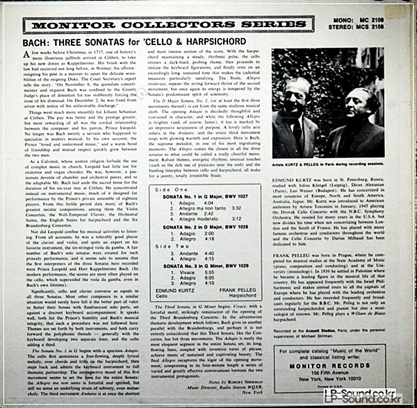 J.S. BACH: 3 SONATAS FOR CELLOS AND HARPSICHORD  MCS 2108