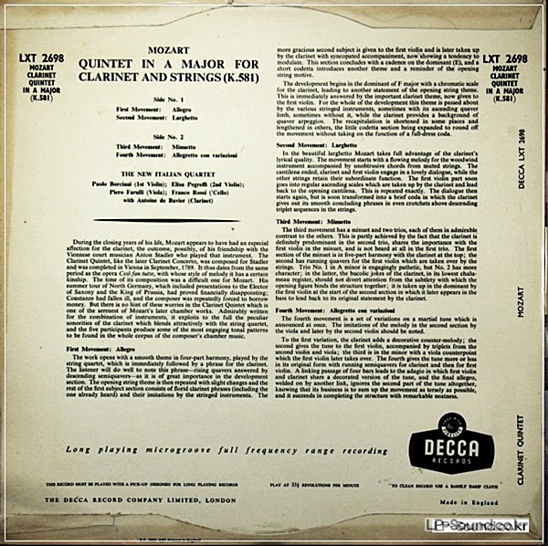 MOZART CLARINET QUINTET NEW ITALIAN QUARTET DE BAVIER DECCA LXT 2698