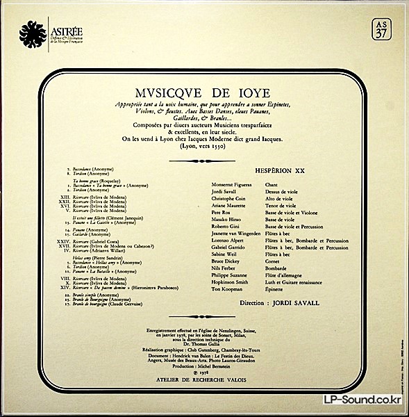 MVSICQVE DE IOYE  JORDI SAVAL  ASTREE 37