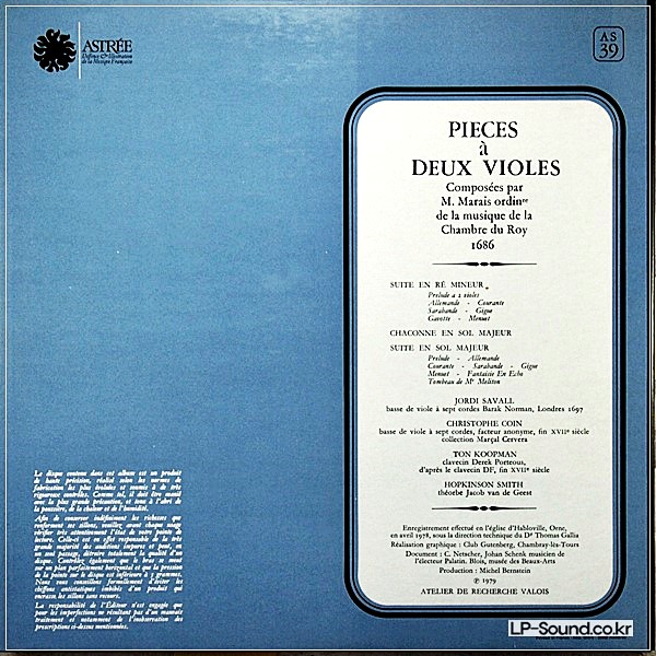 JORDI SAVALL - MARIN MARAIS PIECES A DEUX VIOLE  ASTREE AS 39