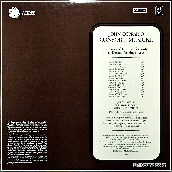 JOHN COPRARIO~CONSORT MUSICKE~~LYRAS~VIOLS~RENAISSANCEA  STREE 54