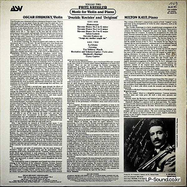 ASV ALH 951 1ST UK OSCAR SHUMSKY - KREISLER MUSIC FOR VIOLIN VOL 2