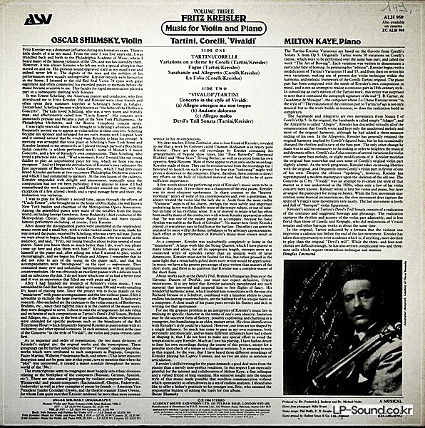 ASV ALH 959 1ST UK OSCAR SHUMSKY - KREISLER MUSIC FOR VIOLIN VOL3