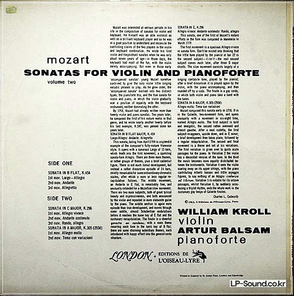 MOZART SONATAS FOR VIOLIN AND PIANO/KROLL/BALSAM VOL.2