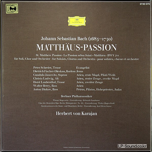 BACH - MATTHAUS-PASSION KARAJAN / LUDWIG - 4 LP  BOX SET DG 2720 070