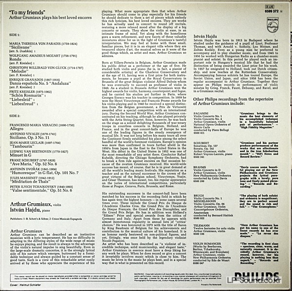 TO MY FRIENDS VIOLIN ENCORES ARTHUR GRUMIAUX  6599 372 STEREO